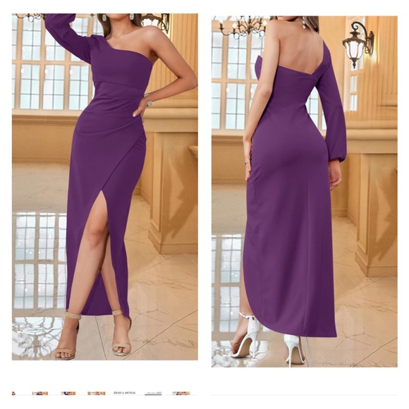 One Shoulder Long Sleeve Sexy High Slit Ruched Bodycon Wedding Party Maxi Dress - Picture 1 of 5